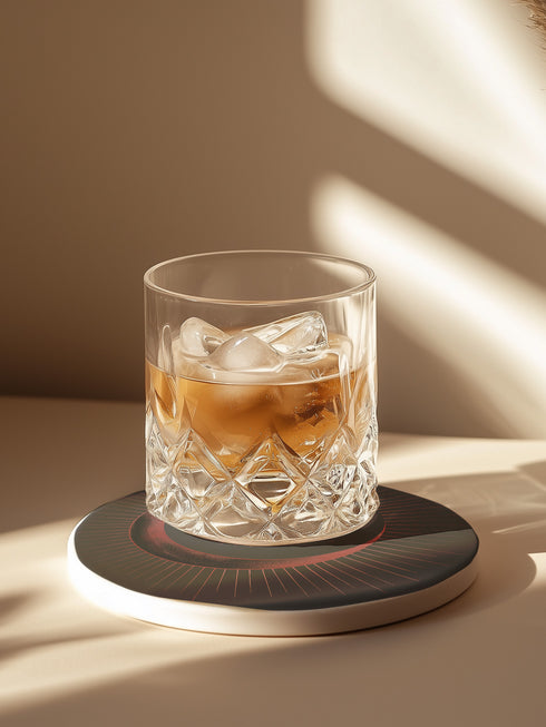 A round ceramic plate with a sleek design featuring a crescent moon and radiating lines in a muted red and black color scheme. The plate is set against a warm brown background with soft lighting, highlighting the celestial and minimalist aesthetic of the piece.